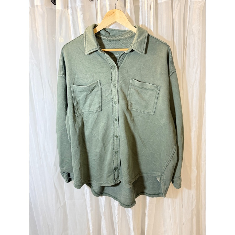 Aerie Shacket Womens Medium Green Button Down Sweatshirt Jersey Oversized
